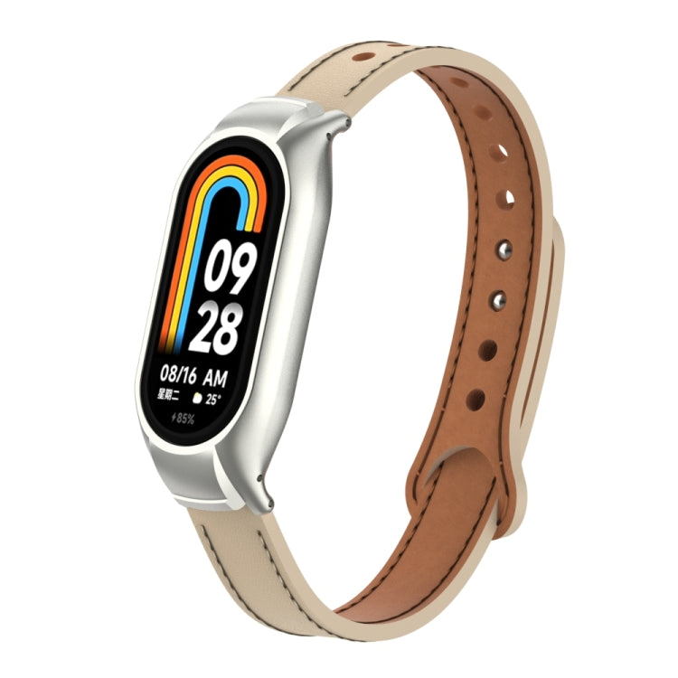 For Xiaomi Mi Band 8 Integrated Metal Case + Double Nail Microfiber Leather Watch Band(Milk Tea Color)