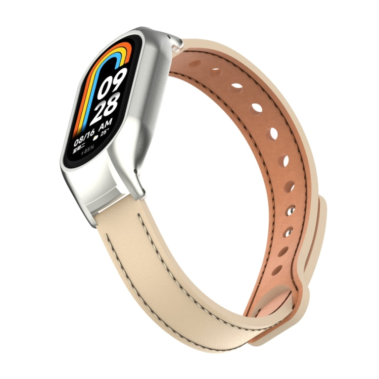 For Xiaomi Mi Band 8 Integrated Metal Case + Double Nail Microfiber Leather Watch Band(Milk Tea Color)