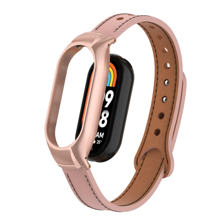 For Xiaomi Mi Band 8 Integrated Metal Case + Double Nail Microfiber Leather Watch Band(Pink) - Smart Wear by PMC TechLife | Online Shopping South Africa | PMC TechLife