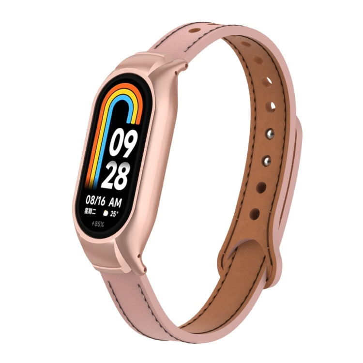 For Xiaomi Mi Band 8 Integrated Metal Case + Double Nail Microfiber Leather Watch Band(Pink)