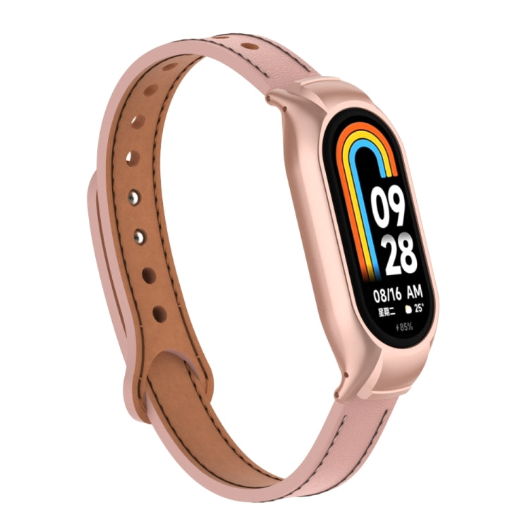 For Xiaomi Mi Band 8 Integrated Metal Case + Double Nail Microfiber Leather Watch Band(Pink)