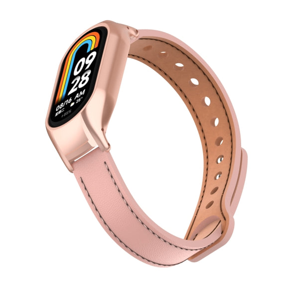 For Xiaomi Mi Band 8 Integrated Metal Case + Double Nail Microfiber Leather Watch Band(Pink)