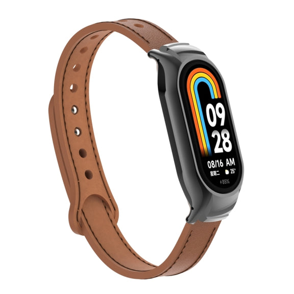 For Xiaomi Mi Band 8 Integrated Metal Case + Double Nail Microfiber Leather Watch Band(Brown)