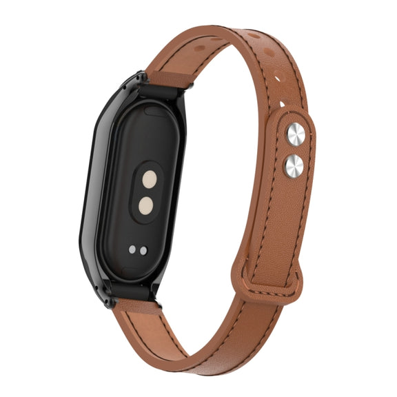 For Xiaomi Mi Band 8 Integrated Metal Case + Double Nail Microfiber Leather Watch Band(Brown)
