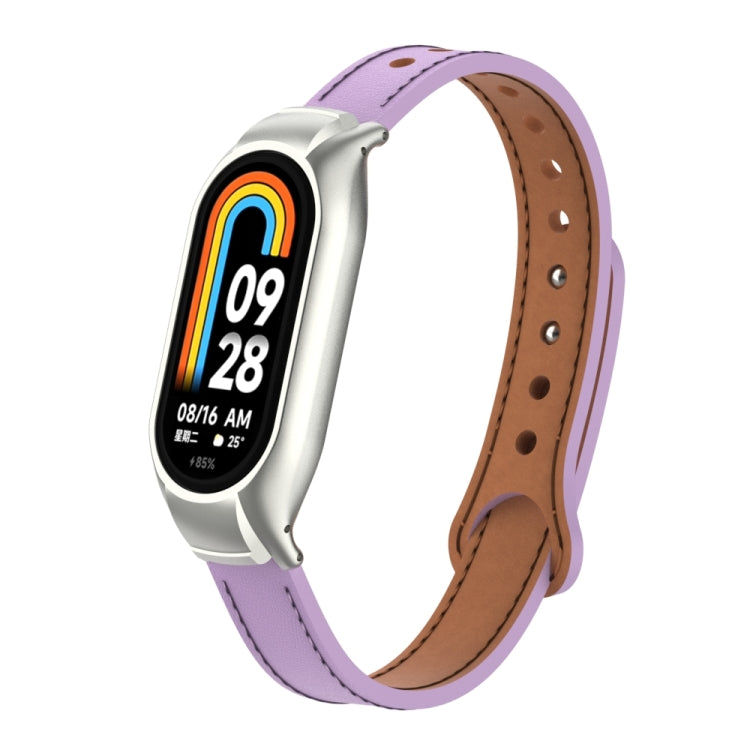 For Xiaomi Mi Band 8 Integrated Metal Case + Double Nail Microfiber Leather Watch Band(Pink Purple)