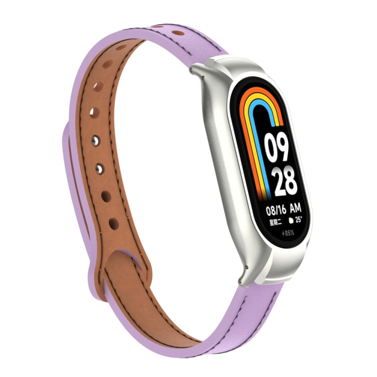 For Xiaomi Mi Band 8 Integrated Metal Case + Double Nail Microfiber Leather Watch Band(Pink Purple)