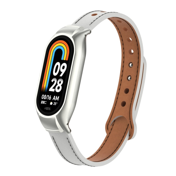 For Xiaomi Mi Band 8 Integrated Metal Case + Double Nail Microfiber Leather Watch Band(White)