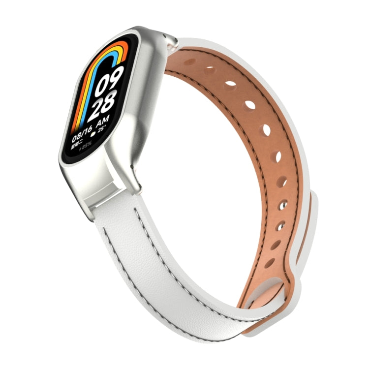 For Xiaomi Mi Band 8 Integrated Metal Case + Double Nail Microfiber Leather Watch Band(White)