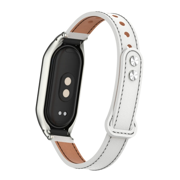For Xiaomi Mi Band 8 Integrated Metal Case + Double Nail Microfiber Leather Watch Band(White)