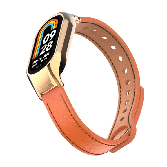 For Xiaomi Mi Band 8 Integrated Metal Case + Double Nail Microfiber Leather Watch Band(Orange)