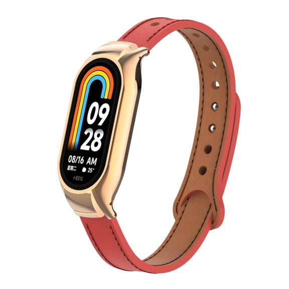 For Xiaomi Mi Band 8 Integrated Metal Case + Double Nail Microfiber Leather Watch Band(Red)