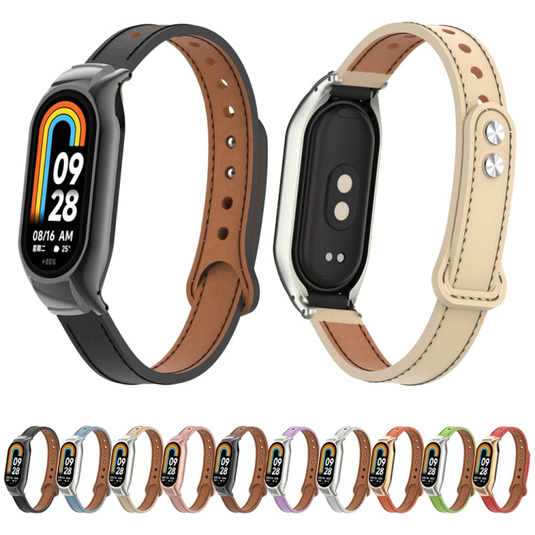 For Xiaomi Mi Band 8 Integrated Metal Case + Double Nail Microfiber Leather Watch Band(Milk Tea Color)