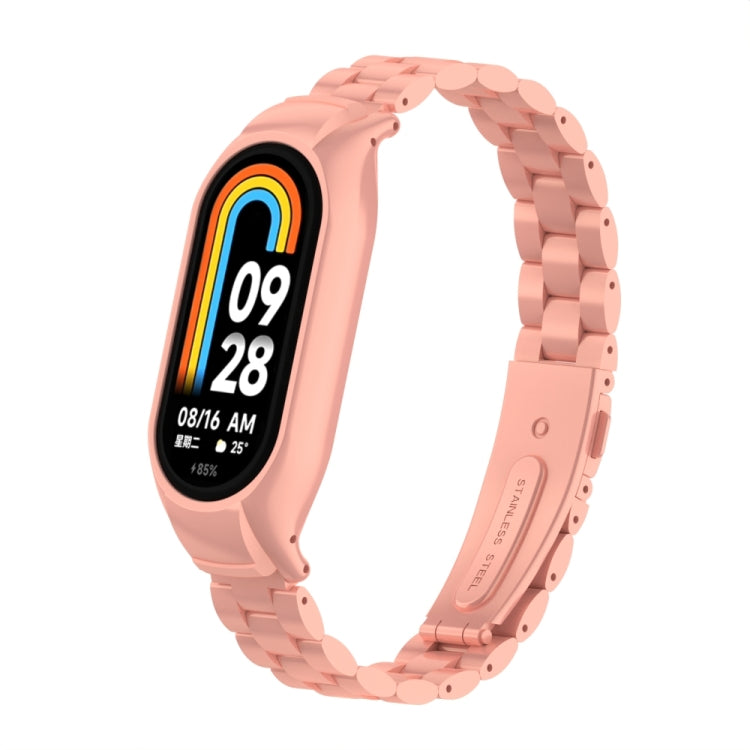 For Xiaomi Mi Band 8 Integrated Metal Case + Three-bead Watch Band(Bright Pink)
