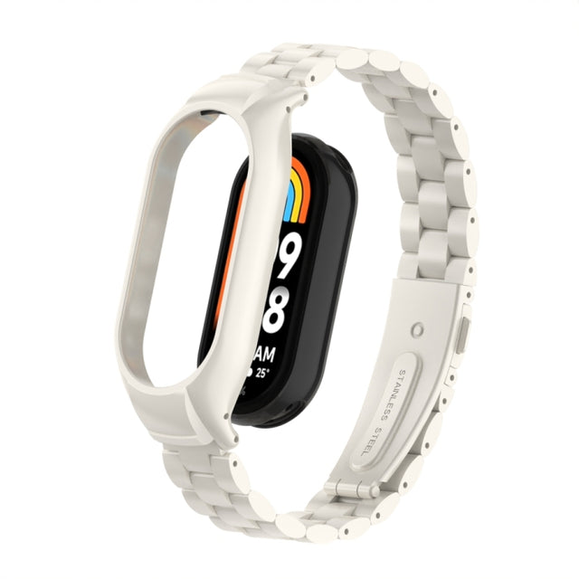 For Xiaomi Mi Band 8 Integrated Metal Case + Three-bead Watch Band(Beige)