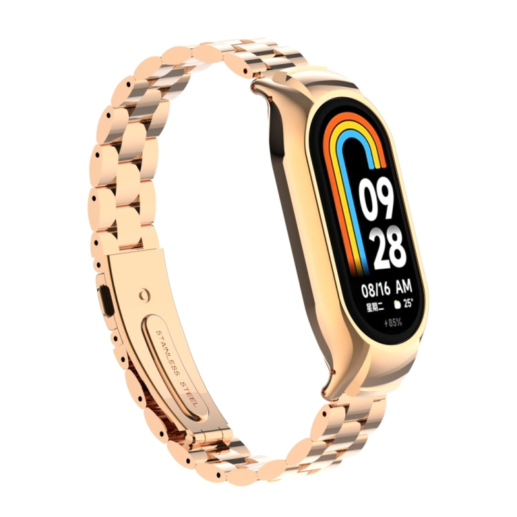 For Xiaomi Mi Band 8 Integrated Metal Case + Three-bead Watch Band(Rose Gold)