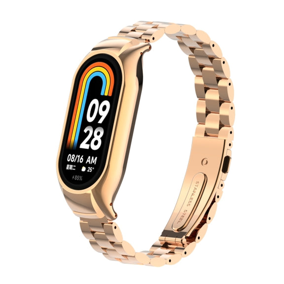 For Xiaomi Mi Band 8 Integrated Metal Case + Three-bead Watch Band(Rose Gold)