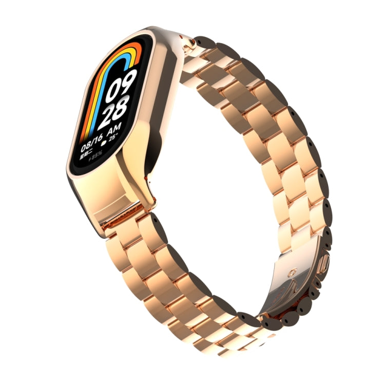 For Xiaomi Mi Band 8 Integrated Metal Case + Three-bead Watch Band(Rose Gold)