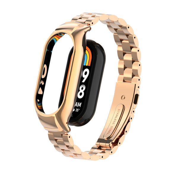 For Xiaomi Mi Band 8 Integrated Metal Case + Three-bead Watch Band(Rose Gold)