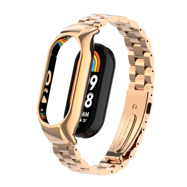 For Xiaomi Mi Band 8 Integrated Metal Case + Three-bead Watch Band(Rose Gold)