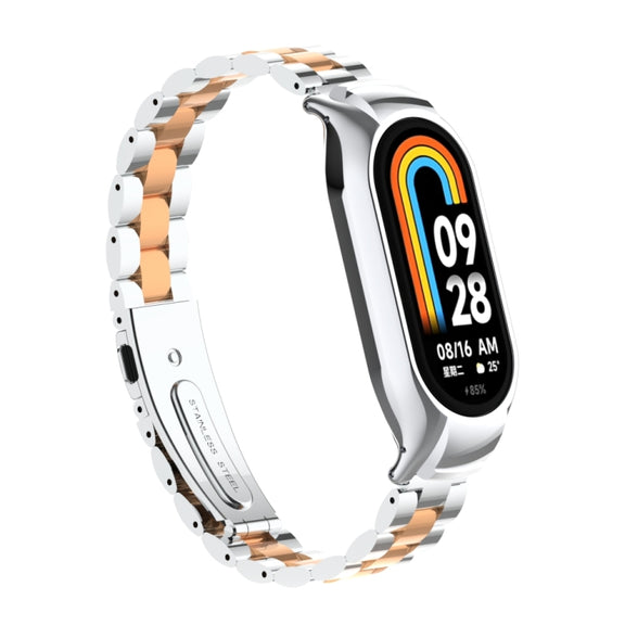 For Xiaomi Mi Band 8 Integrated Metal Case + Three-bead Watch Band(Silver+Rose Gold)