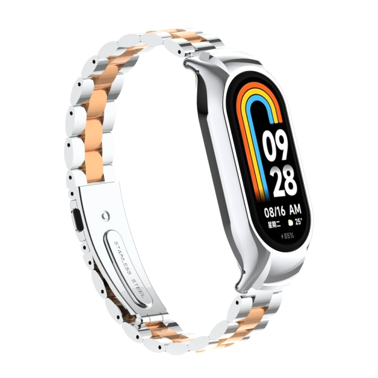 For Xiaomi Mi Band 8 Integrated Metal Case + Three-bead Watch Band(Silver+Rose Gold)