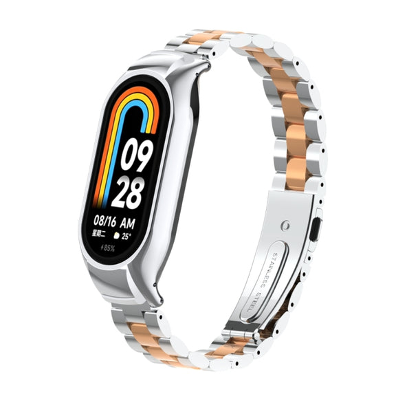For Xiaomi Mi Band 8 Integrated Metal Case + Three-bead Watch Band(Silver+Rose Gold)