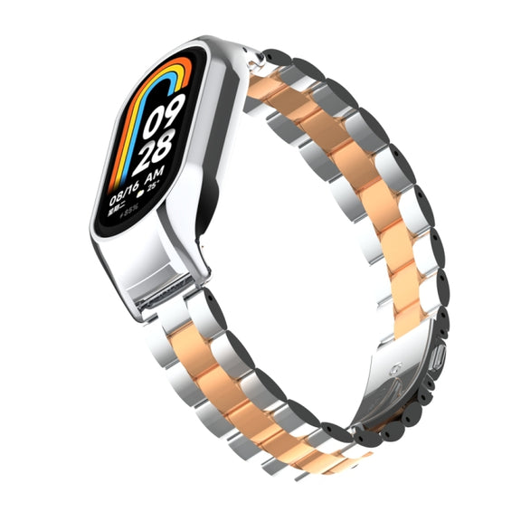 For Xiaomi Mi Band 8 Integrated Metal Case + Three-bead Watch Band(Silver+Rose Gold)