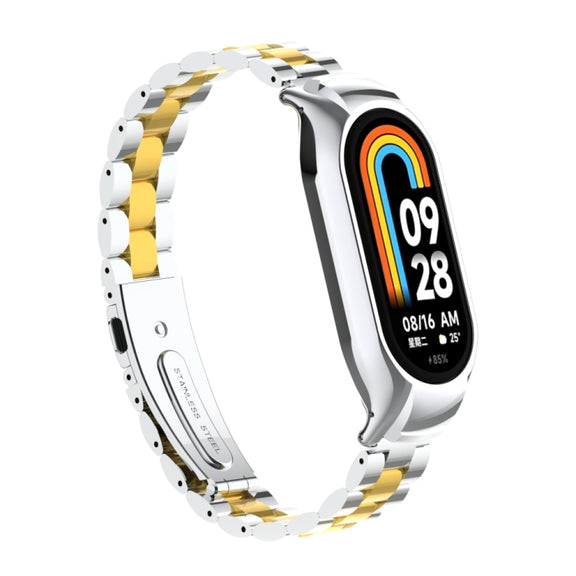 For Xiaomi Mi Band 8 Integrated Metal Case + Three-bead Watch Band(Silver+Gold)