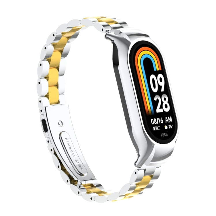 For Xiaomi Mi Band 8 Integrated Metal Case + Three-bead Watch Band(Silver+Gold)