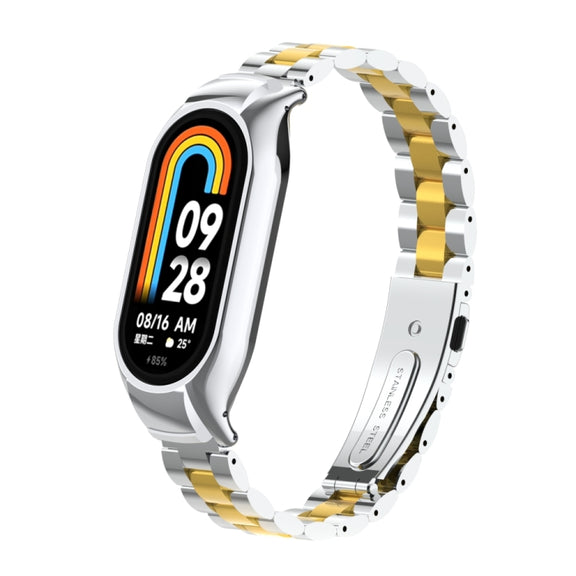 For Xiaomi Mi Band 8 Integrated Metal Case + Three-bead Watch Band(Silver+Gold)