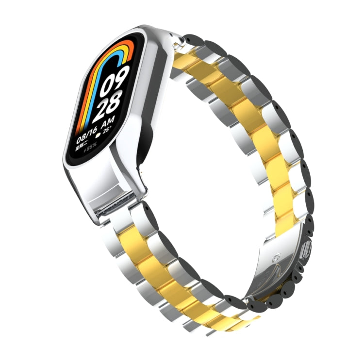 For Xiaomi Mi Band 8 Integrated Metal Case + Three-bead Watch Band(Silver+Gold)