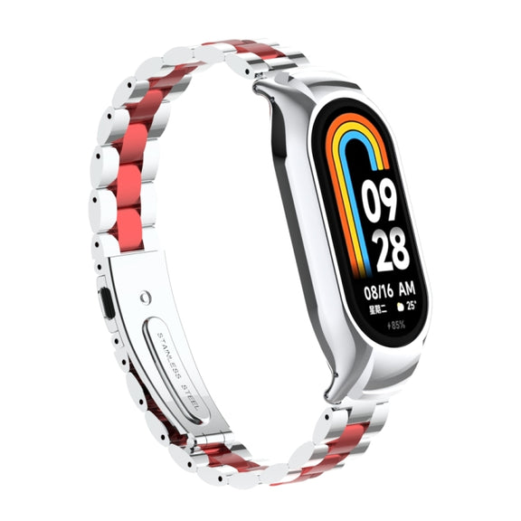 For Xiaomi Mi Band 8 Integrated Metal Case + Three-bead Watch Band(Silver+Red)