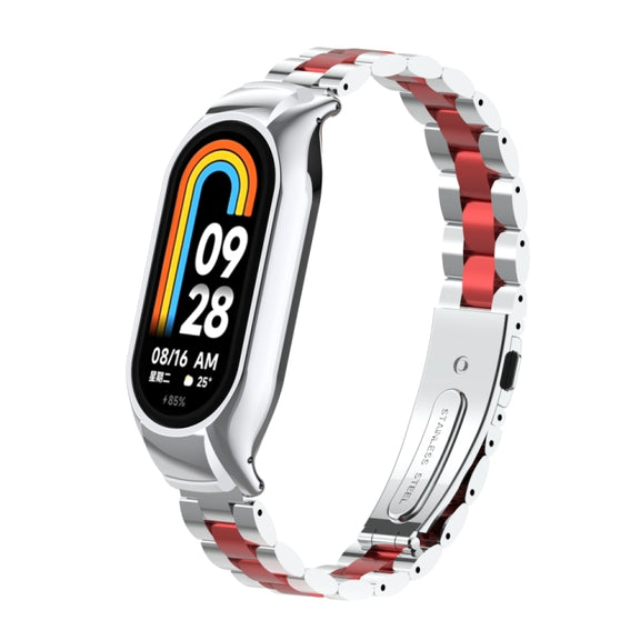 For Xiaomi Mi Band 8 Integrated Metal Case + Three-bead Watch Band(Silver+Red)