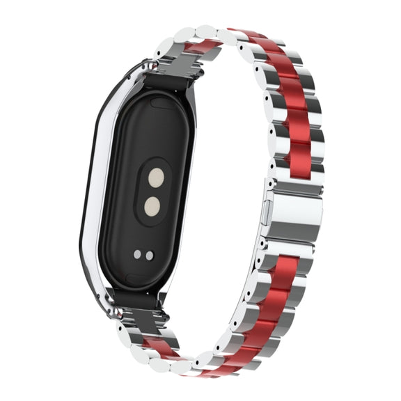 For Xiaomi Mi Band 8 Integrated Metal Case + Three-bead Watch Band(Silver+Red)