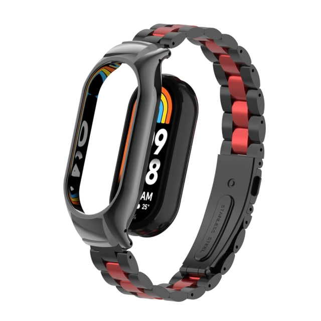For Xiaomi Mi Band 8 Integrated Metal Case + Three-bead Watch Band(Black+Red)