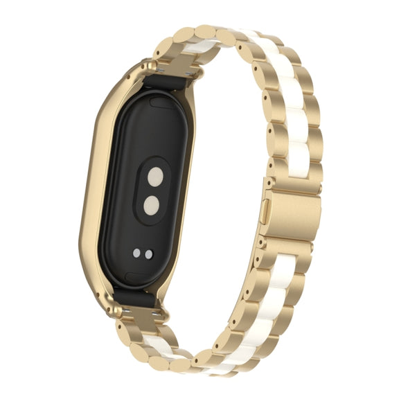 For Xiaomi Mi Band 8 Integrated Metal Case + Three-bead Watch Band(Champagne+White)