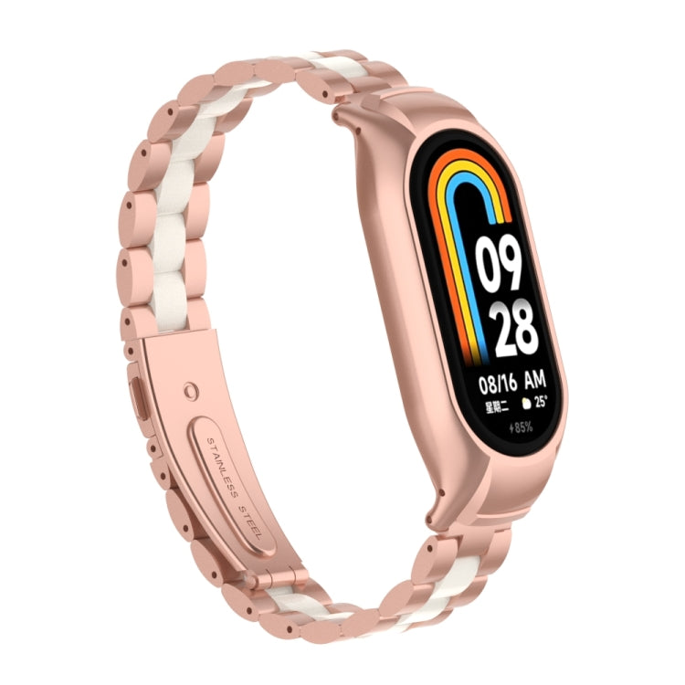 For Xiaomi Mi Band 8 Integrated Metal Case + Three-bead Watch Band(Rose Red+White)