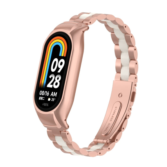 For Xiaomi Mi Band 8 Integrated Metal Case + Three-bead Watch Band(Rose Red+White)