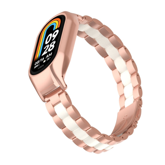 For Xiaomi Mi Band 8 Integrated Metal Case + Three-bead Watch Band(Rose Red+White)