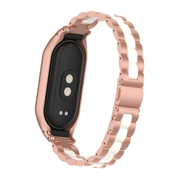 For Xiaomi Mi Band 8 Integrated Metal Case + Three-bead Watch Band(Rose Red+White)