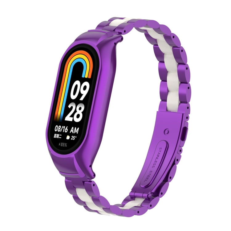 For Xiaomi Mi Band 8 Integrated Metal Case + Three-bead Watch Band(Purple+White)