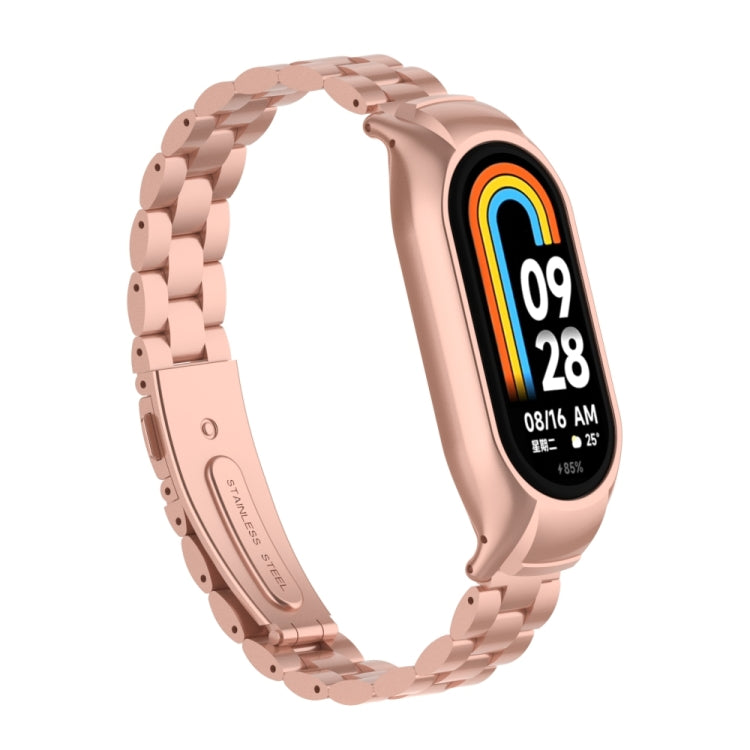 For Xiaomi Mi Band 8 Integrated Metal Case + Three-bead Watch Band(Rose Red) - Smart Wear by PMC TechLife | Online Shopping South Africa | PMC TechLife