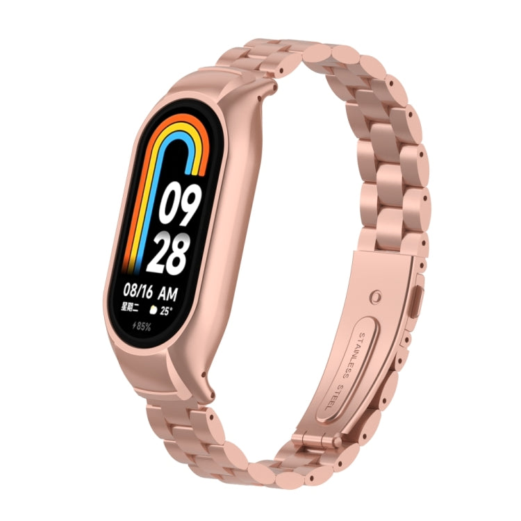For Xiaomi Mi Band 8 Integrated Metal Case + Three-bead Watch Band(Rose Red)
