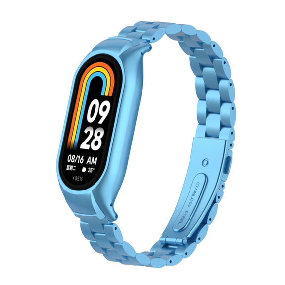 For Xiaomi Mi Band 8 Integrated Metal Case + Three-bead Watch Band(Sky Blue)