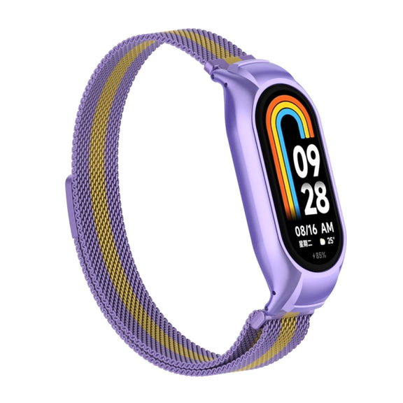 For Xiaomi Mi Band 8 Integrated Metal Case + Milanese Magnetic Watch Band(Purple+Gold)