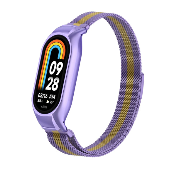 For Xiaomi Mi Band 8 Integrated Metal Case + Milanese Magnetic Watch Band(Purple+Gold)