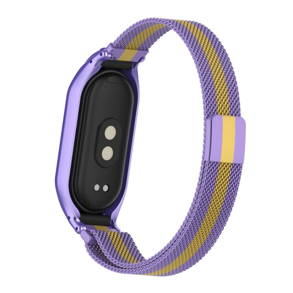 For Xiaomi Mi Band 8 Integrated Metal Case + Milanese Magnetic Watch Band(Purple+Gold)
