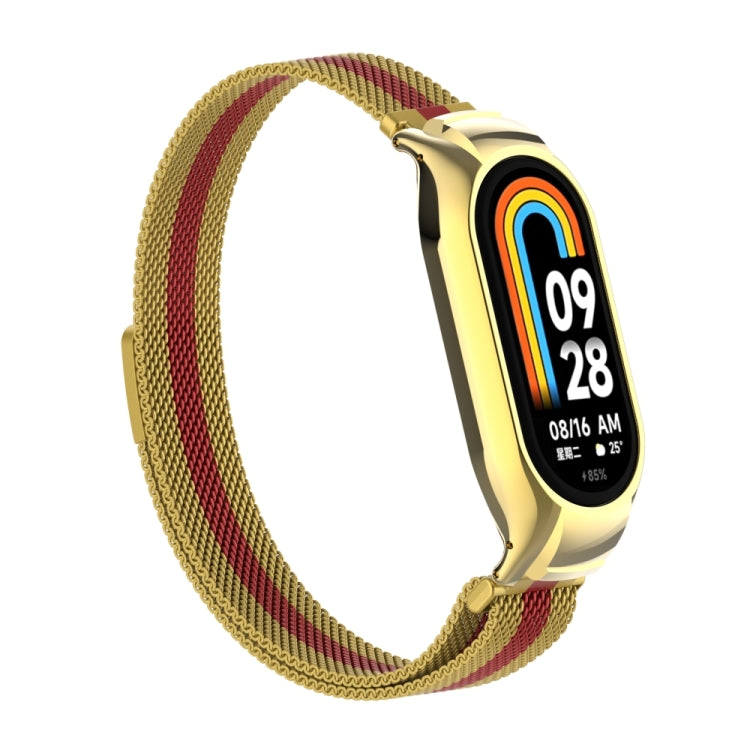 For Xiaomi Mi Band 8 Integrated Metal Case + Milanese Magnetic Watch Band(Gold+Red) - Smart Wear by PMC TechLife | Online Shopping South Africa | PMC TechLife