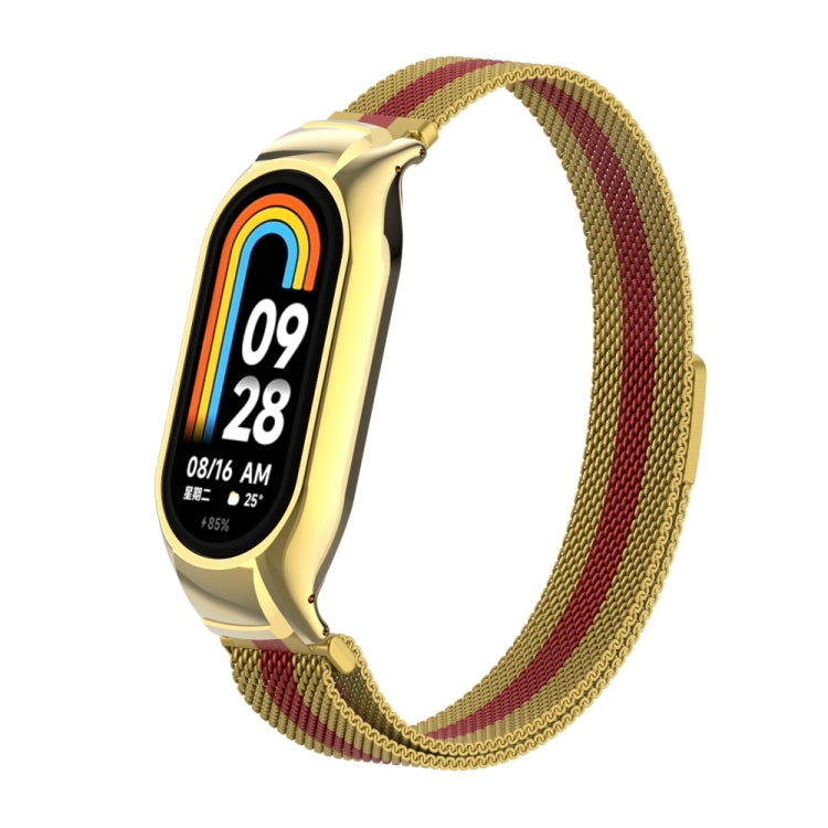 For Xiaomi Mi Band 8 Integrated Metal Case + Milanese Magnetic Watch Band(Gold+Red) - Smart Wear by PMC TechLife | Online Shopping South Africa | PMC TechLife