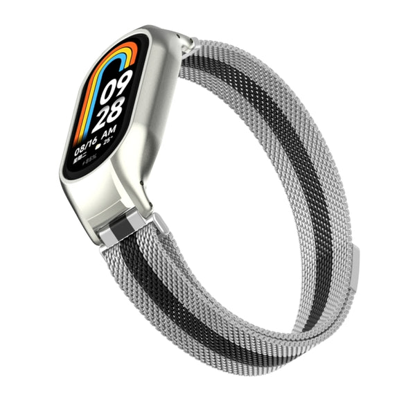 For Xiaomi Mi Band 8 Integrated Metal Case + Milanese Magnetic Watch Band(Silver+Black)